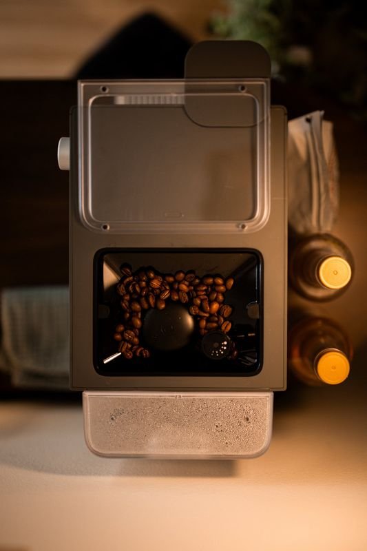 Looking down into the Demi: the water tank and a hopper of whole beans