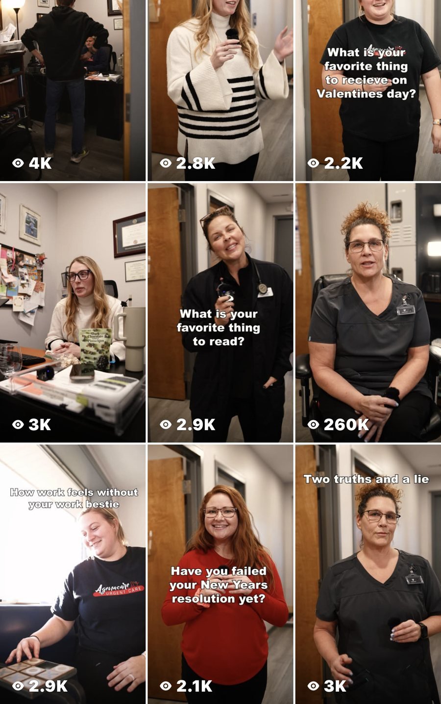 A grid of nine Instagram reels featuring urgent care staff, with view counts from 2.1K to 260K
