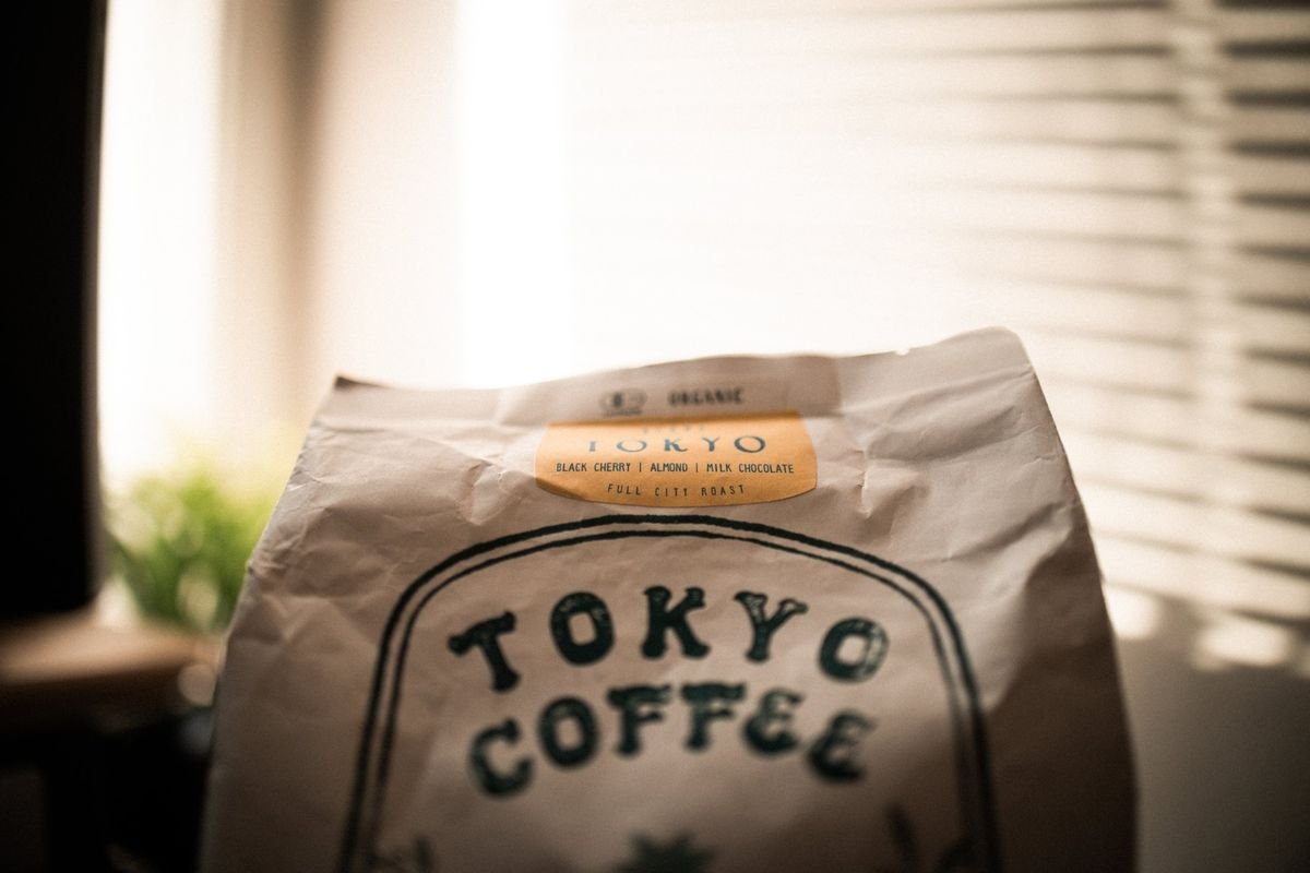 Close up of the Tokyo roast label: black cherry, almond, milk chocolate, full city roast